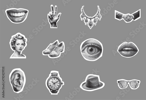 Retro halftone collage elements, halftone effect design, retro designs
