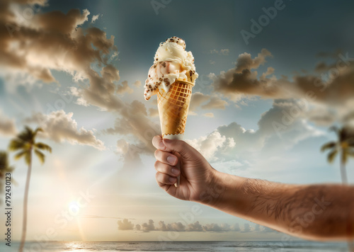 Tropical Beach Sunset with Melting Ice Cream Cone in Hand