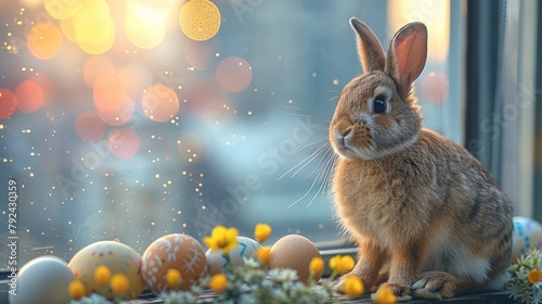 easter bunny and easter eggs on a wooden window sill illustration