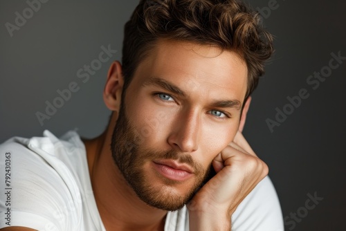 Young handsome man with perfect smooth skin touching his beard in a serious manner photographed against a grey background