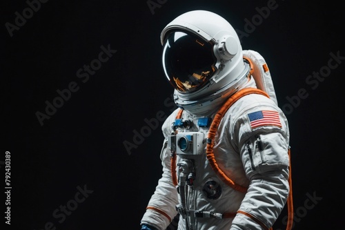 Side view of male cosmonaut wearing white space suit and helmet on dark background, copy space