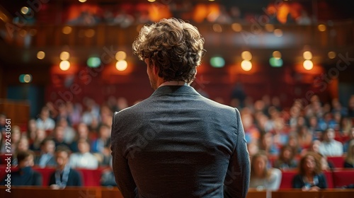 back view of man in business suit giving a speech on the stage in front of the audience,art photo