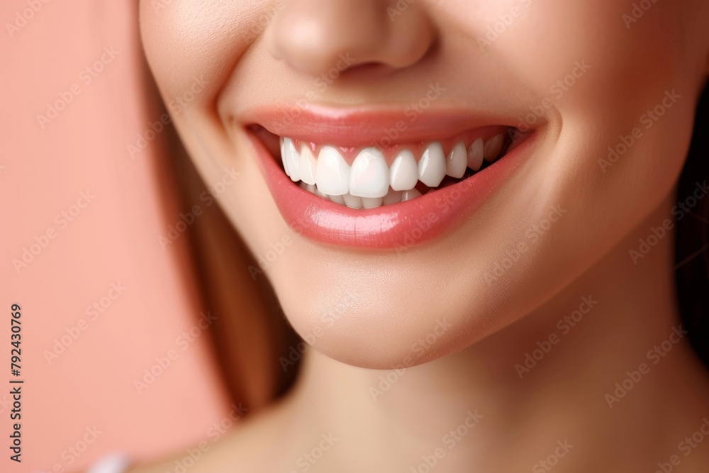 Fototapeta premium Young woman smiling with white teeth on a colored backdrop