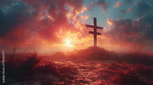 https:stock.adobe.comvnvideoholy cross symbolizing the death and resurrection of jesus christ with the sky over golgotha hill is shrouded in light and clouds illustration photo