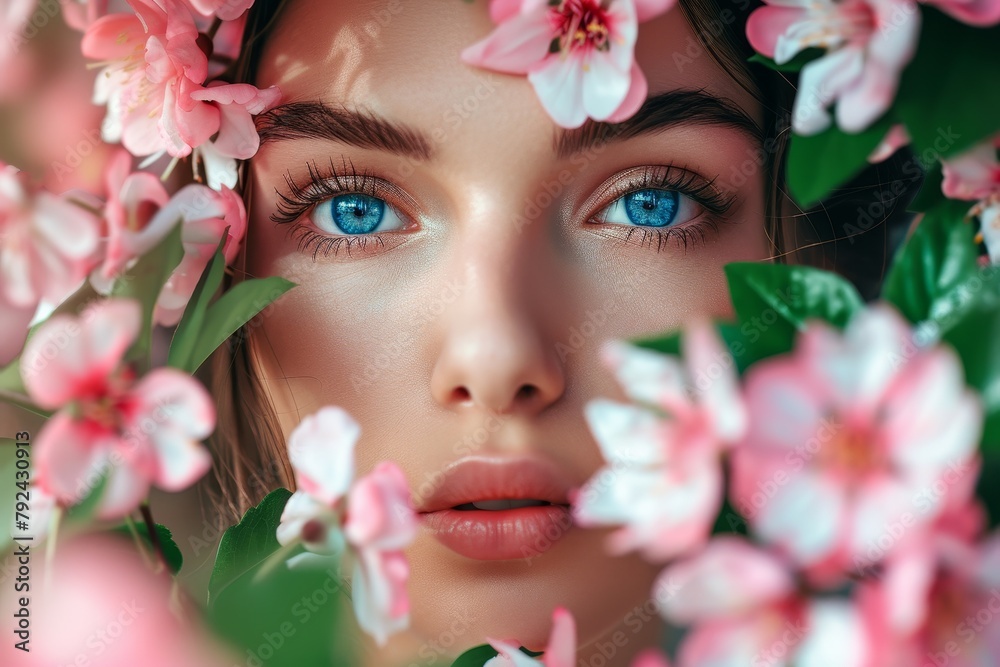 Young woman with flowers in close up Young woman with flowers in close up