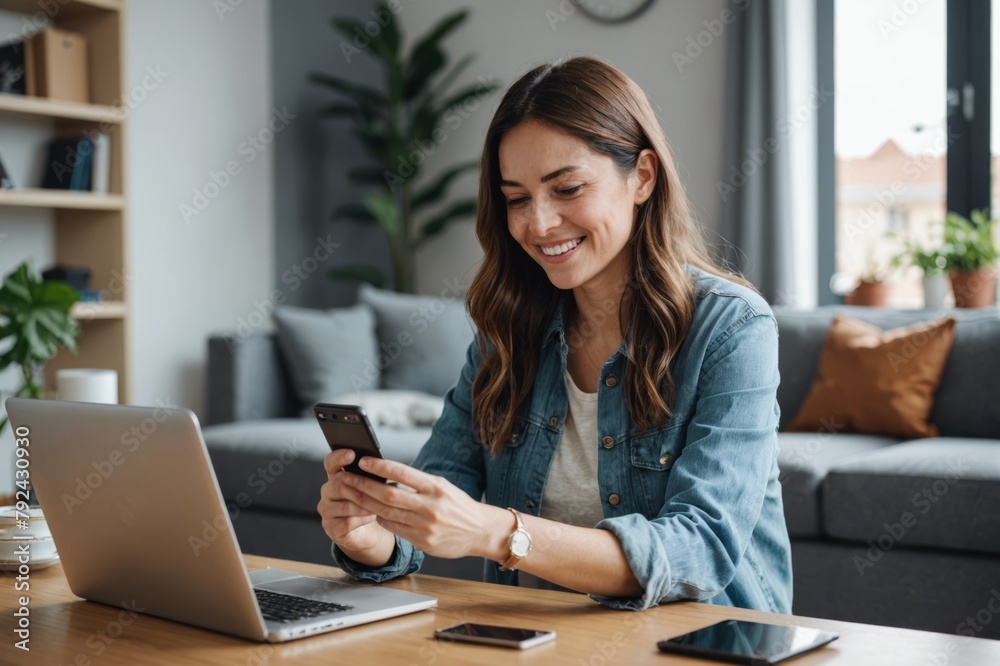 Happy woman with credit card doing online shopping through smart phone at home