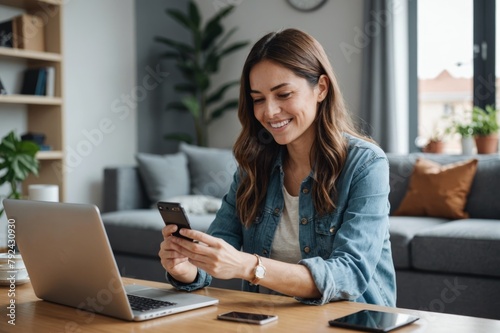 Happy woman with credit card doing online shopping through smart phone at home © ThomasLENNE