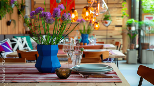 Modern colorful kitchen pitcher on dining table. Contemporary design. Living, kitchen, dining, container.