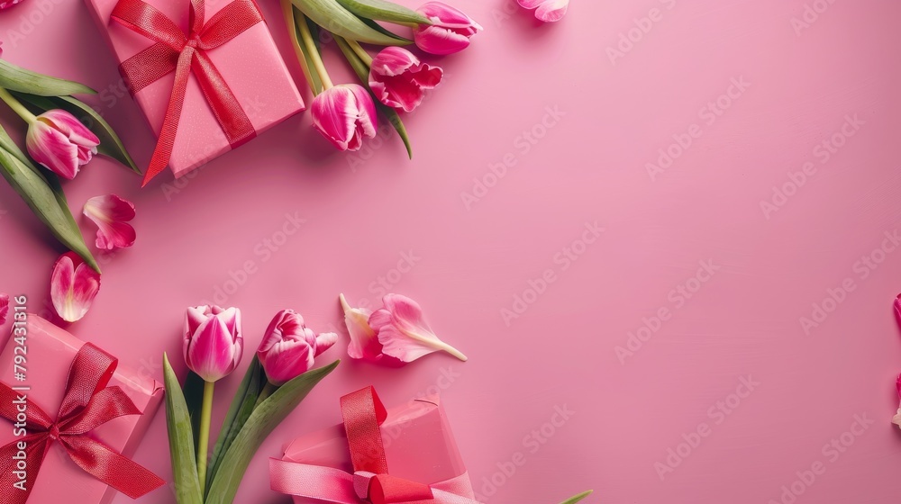 Pink Tulips With Bows on a Pink Background Pink Tulips With Bows on a Pink Background