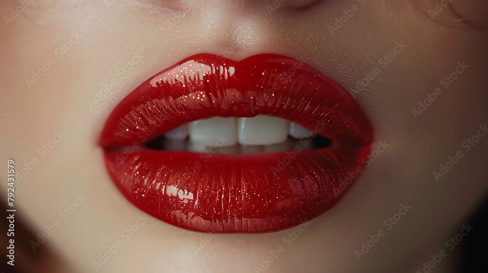 A closeup of glossy, dark-red glow lips with an ombre effect. A closeup of glossy, dark-red glow lips with an ombre effect.