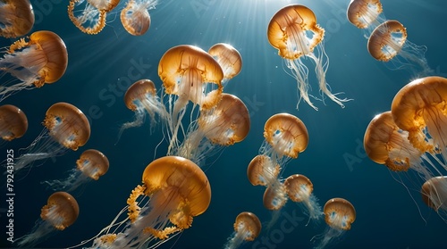Swarm of jellyfish underwater with sunlight.generative.ai