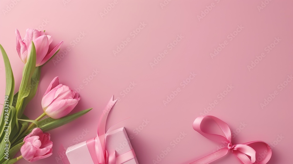 Bouquet of Pink Tulips and Gift Box on Pink Background Bouquet of Pink Tulips and Gift Box on Pink Background