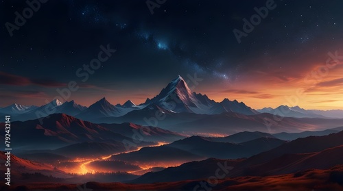 Majestic mountains rise under a sky ablaze with stars, forming a surreal and futuristic landscape.generative.ai