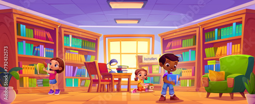 Children read book and study in school library. Boy kid with little people do homework. Preschool or kindergarten class room for smart baby. Young literature lover reading near bookcase and window