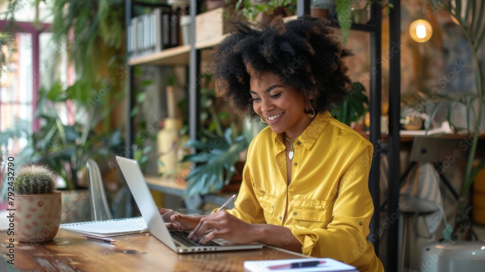 Smiling Woman Working on Laptop Smiling Woman Working on Laptop