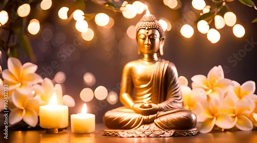 Buddha statue and candle on blur background concept holiday vesak day religious buddhism lotus background photo