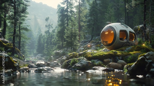 Bring to life a clay sculpture blending futuristic tech elements into a serene wilderness camping scene Play with unexpected camera angles to showcase the contrast between nature and innovation, evoki photo