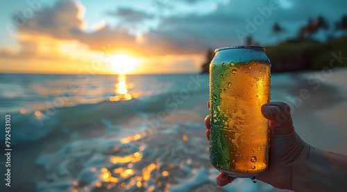 A hand holding up an unbranded yellow can of beer, with the ocean and blue sky in background photo