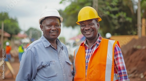 A portrait of a local resident proudly standing next to an engineer as they collaborate and implement a new infrastructure project that will improve their quality of life. . photo