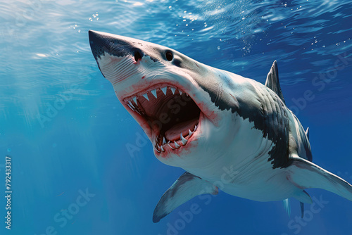 White shark opens mouth, terrible and sharp teeth, natural predator animal photo