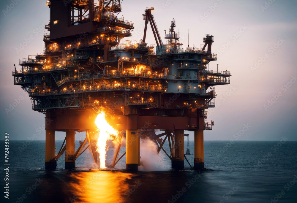 'platform offshore burn flare gas rig oil drill drilling energy well exploration brunei fuel gasoline panorama industrial industry marin night ocean oilfield crude pipe plant pollution'