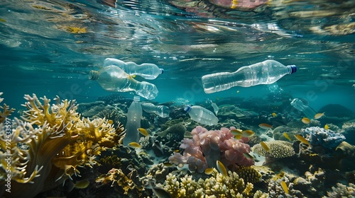 Underwater Coral Reef Surrounded by Floating Plastic Bottles Environmental Pollution Problem