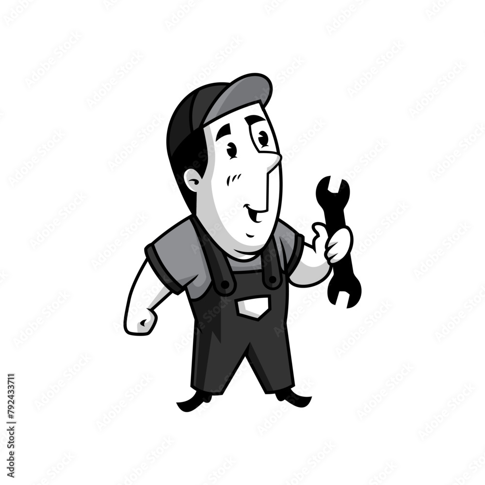 cartoon character of a handyman with a double wrench. cartoon character of a handyman with a double wrench.