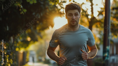 Man Finds Solace in Running through Tranquil Parkland, Embracing Summer's Beauty and Tranquility. Runner in training improves health through activity © Daria Lukoiko