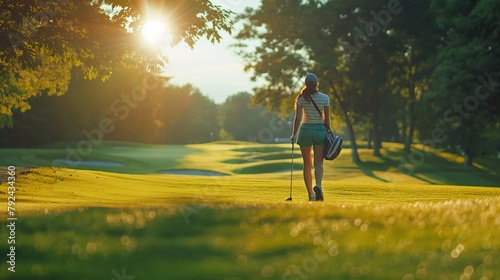 A Woman Walking Away from the Golf Course at Sunset, Carrying Her Club and Equipment