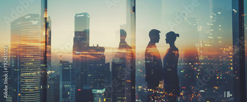 Romantic Couple Overlooking City at Sunset. Corporate Professionals Silhouetted Against Urban Skyline in Dusk Light