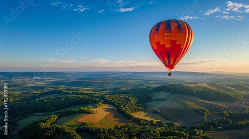 Aerial view of a colorful hot air balloon flight over a vibrant landscape  clear blue sky  representing freedom and leisure travel.