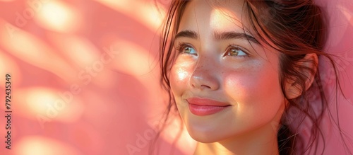 Portrait of a beautiful young Asian woman in close-up with clean, fresh skin in the sunlight against a background of peach fuzz. The concept of advertising cosmetics for facial care