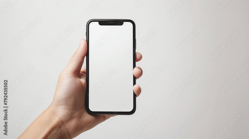 Close-up shot of a Caucasian hand holding a modern smartphone against a clean white background, ideal for tech product ads.