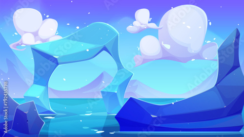 Arctic ocean winter landscape. Vector cartoon illustration of polar winter background with cold sea water, iceberg blocks, ice arch, blue sky with fluffy white clouds, travel adventure game backdrop