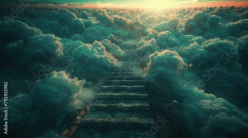 Stairway to heaven among the sea of clouds. Religious background.