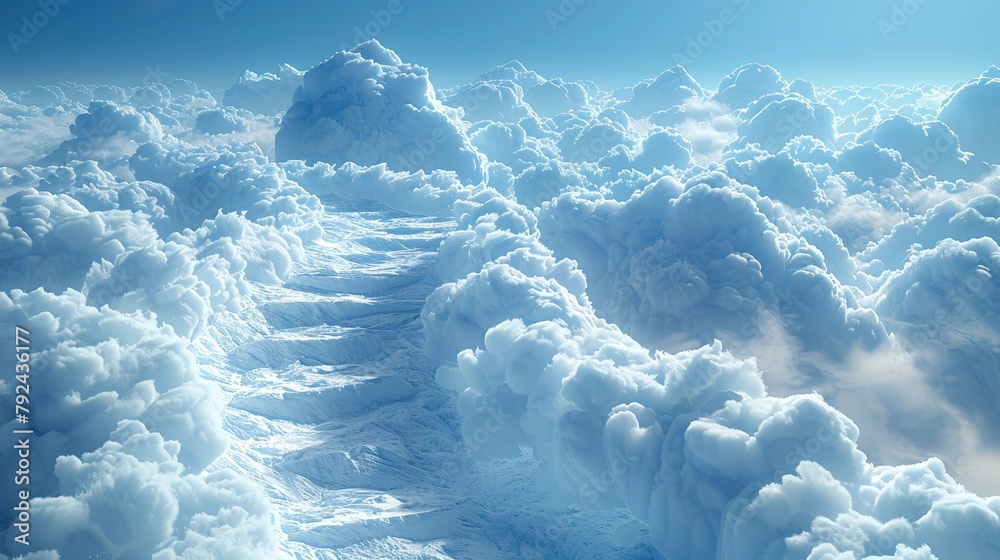 Stairway to heaven among the sea of clouds. Religious background. - obrazy, fototapety, plakaty 