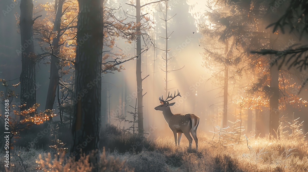 Fototapeta premium Majestic deer standing in a misty forest during early morning, soft light filtering through trees, symbolizing peace and natural beauty.