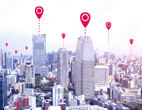 Network connection concept. Aerial view on Tokyo capital city of Japan with red location pin. Global positioning system pin map. Map pins in Tokyo. Modern travel, sightseeing and tourism concept