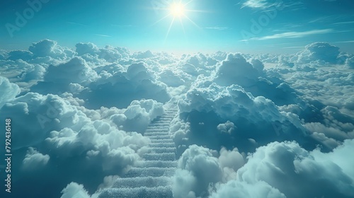 Stairway to heaven among the sea of clouds. Religious background.