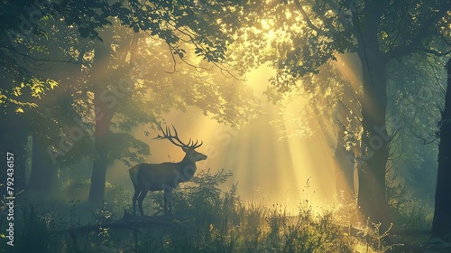 Majestic deer standing in a misty forest during early morning, soft light filtering through trees, symbolizing peace and natural beauty. © Ps_Studio21