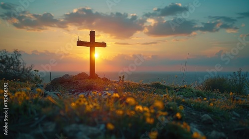 calvary and resurrection concept cross with robe and crown of thorns on hill at sunsetillustration image