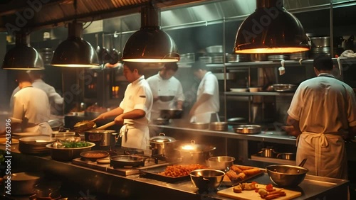 Bustling kitchen of a Chinese restaurant with multiple chefs skillfully preparing various dishes amidst steam from woks and pans.