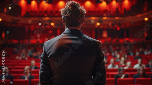 back view of man in business suit giving a speech on the stage in front of the audienceillustration image