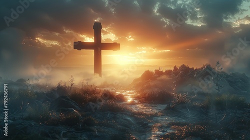 https:stock.adobe.comvnvideoholy cross symbolizing the death and resurrection of jesus christ with the sky over golgotha hill is shrouded in light and clouds stock photo photo