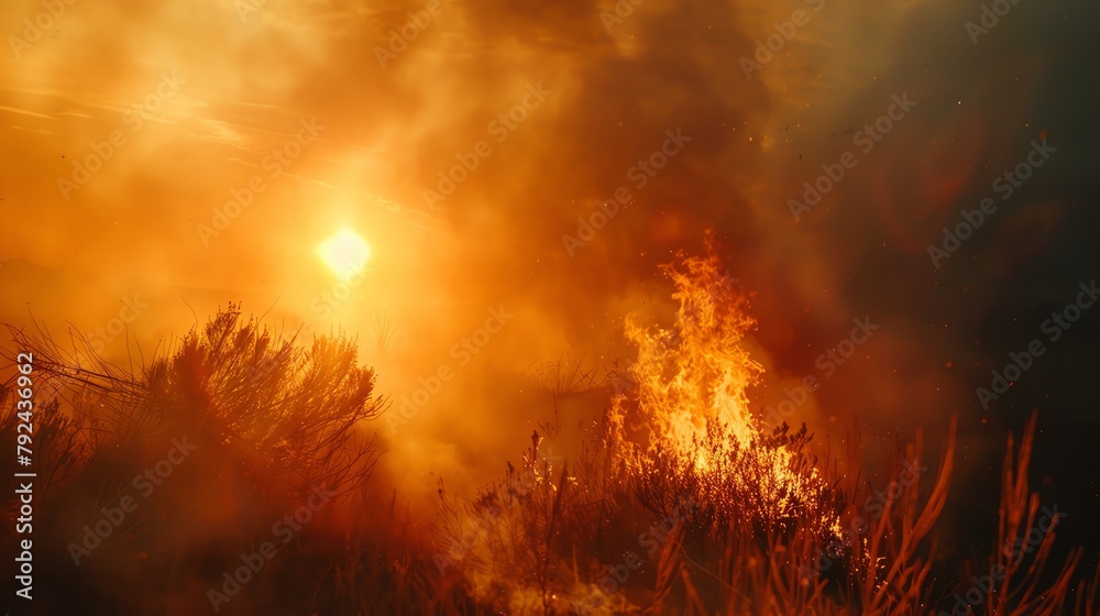 Wildfire spreading through a dry forest, smoke and orange flames captured during sunset, environmental disaster theme.