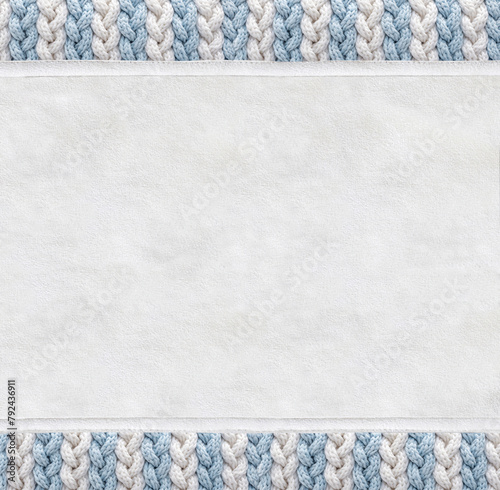 Horizontal or vertical backdrop with suede texture and wool border with pigtailed ornament. Christmas background with suede leather and plaited frame of light blue and white color. Copy space for text photo