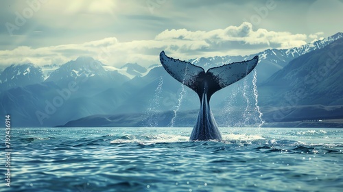 Whale tail emerging from the ocean with a splash, distant mountains in the background, capturing the grandeur of marine life. photo