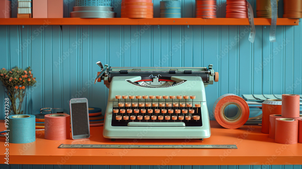 Vintage Typewriter on Table - obrazy, fototapety, plakaty 