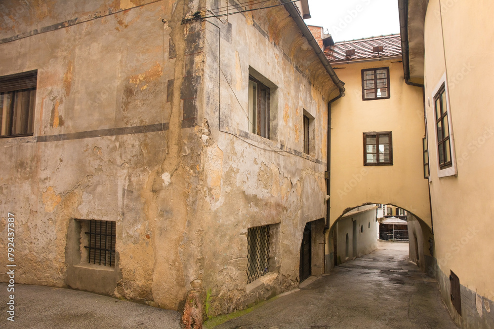 An arch spanning a medieval street  in the historic centre of Skofja Loka in Gorenjska, Slovenia
