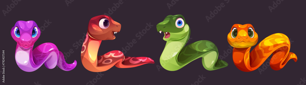 Fototapeta premium Cute crawling snake cartoon vector character set. Funny colorful skin jungle serpent. Tropical friendly animal with tongue and different face emotion. Childish comic reptile mascot collection.